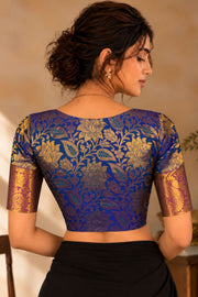 Majestic Blue Kanjivaram Silk Blouse With Floral Zari Border And Motifs 10076610