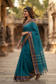 Sea Wave Blue Handloom Kanchi Cotton Saree with Checks and Peacock Border 10076470