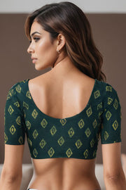 Green Diamond Motifs Indigo Hand Block Print Cotton Blouse 10074584