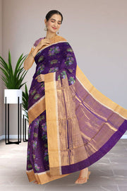 Purple Chanderi Printed Silk Cotton Saree 10075363