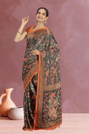 Green Kalamkari Printed Malai Cotton Saree 10074686