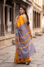 Orange Kanjivaram Silk Cotton Saree with Ikat Border 10077972