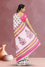 White Hand Block Printed Cotton Saree 10069071