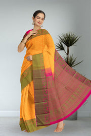 Saffron Yellow Threadwork Kanjivaram Silk Saree 10059197