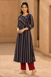 Black Hand Embroidered Cotton Kurta 10077632