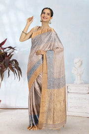 Cream Hand Block Printed Chanderi Saree 10049146