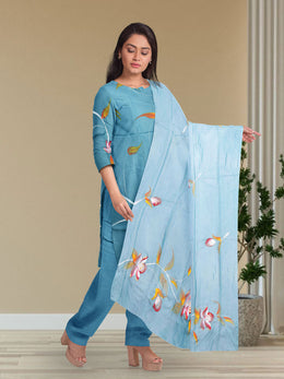 Blue Hand Painted 3-Piece Salwar Suit Material 10076022