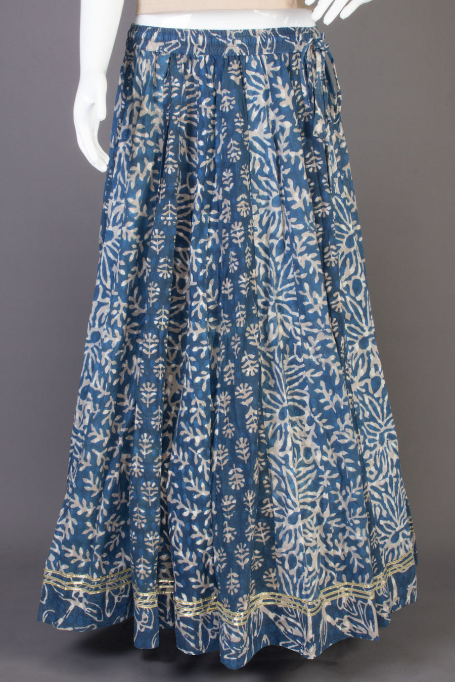 Ocean Blue Hand Block Printed Cotton Skirt (Size-36 to 40)-Avishya