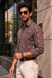 Black Full Sleeve Ajrakh Printed Cotton Mens Shirt 10071155