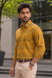 Mustard Yellow Full Sleeve Ajrakh Printed Cotton Mens Shirt 10071154