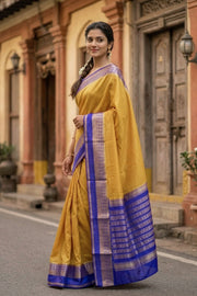 Desert Gold Beige with Blue Mysore Crepe Silk Saree With Zari Border 10076663