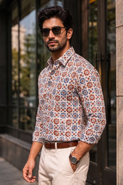 Cream Full Sleeve Ajrakh Printed Cotton Mens Shirt 10071159