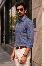 Blue Full Sleeve Ajrakh Printed Cotton Mens Shirt 10071157