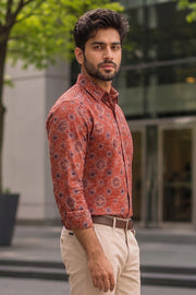 Red Full Sleeve Ajrakh Printed Cotton Mens Shirt 10071158