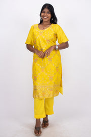 Yellow Mukaish Embroidery Viscose Silk Co- ord Set10076195
