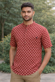 Red Ajrakh Cotton Men's Short Kurta With Front Pocket 10077154