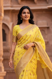 Honey Glow Yellow Banarasi Handloom Muga Silk Saree in Lemon Yellow with Meenakari Floral Buttis 10074271