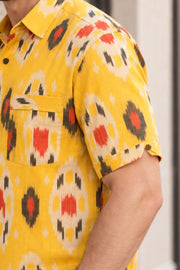 Yellow Half Sleeve Handloom Ikat Cotton Men's Shirt 10077858