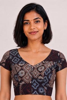 Black Hand Block Ajrakh Printed Cotton Blouse 10074451