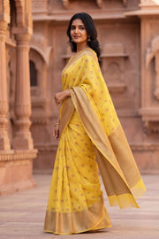 Honey Glow Yellow Banarasi Handloom Muga Silk Saree in Lemon Yellow with Meenakari Floral Buttis 10074271