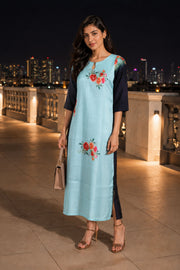 Light Blue Printed Vegan Charmeuse Silk Dress 10077265
