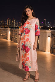 Peach Printed Vegan Charmeuse Silk Dress 10077279