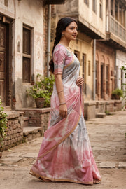 Grey Shibori Dye Semi Tussar Saree 10078222