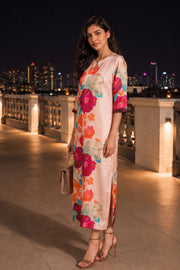 Peach Printed Vegan Charmeuse Silk Dress 10077279