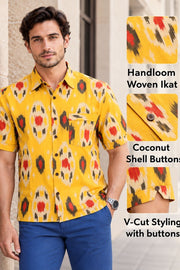 Yellow Half Sleeve Handloom Ikat Cotton Men's Shirt 10077858