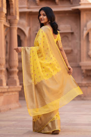 Honey Glow Yellow Banarasi Handloom Muga Silk Saree in Lemon Yellow with Meenakari Floral Buttis 10074271
