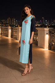 Light Blue Printed Vegan Charmeuse Silk Dress 10077265