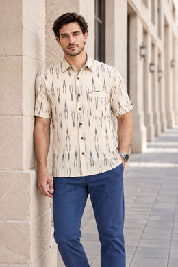 Cream Half Sleeve Handloom Ikat Cotton Men's Shirt 10077857