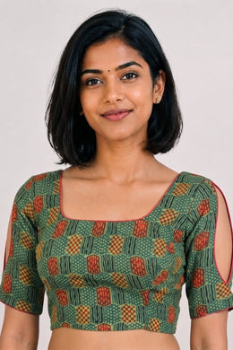 Green Ajrakh Printed Modal Silk Blouse 10061058
