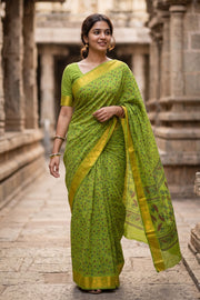 Parrot Green Floral Printed Sungudi Saree 10078050
