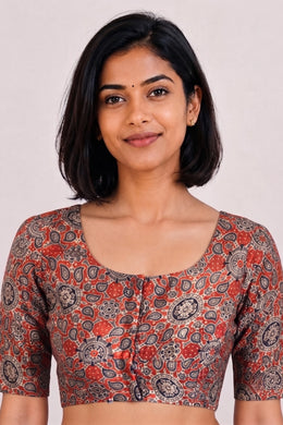 Brown Hand Block Printed Mashru Blouse 10066092