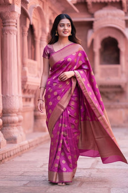 Pink Handloom Banarasi Muga Silk Saree 10074270