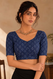 Blue Indigo Hand Block Printed Cotton Blouse 10078126