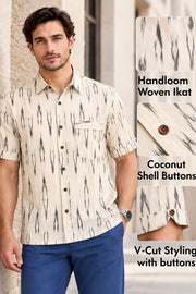 Cream Half Sleeve Handloom Ikat Cotton Men's Shirt 10077857