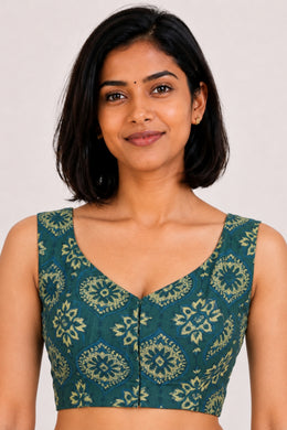 Green Ajrakh Printed Cotton Blouse 10061196