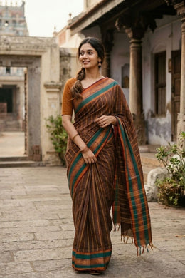 Mocha Brown Handloom Kanchi Cotton Saree with Stripes And Peacock Border 10076458