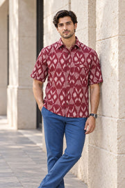 Dark Marroon Half Sleeve Handloom Ikat Cotton Men's Shirt 10077854