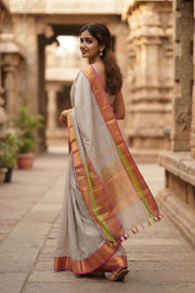 Pebble Grey Handloom Kanchi Cotton Saree With Peacock Zari Border 10076585
