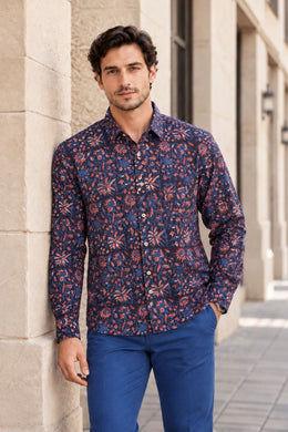 Blue Full Sleeve Jahota Printed Cotton Mens Shirt 10073159