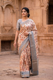 Beige Floral Printed Semi Linen Saree 10077988
