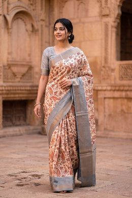 Beige Floral Printed Semi Linen Saree 10077988