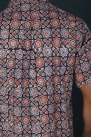 Black Half Sleeve Ajrakh Printed Cotton Mens Shirt 10071094