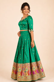 Green Handcrafted Paithani Lehenga - 10064745