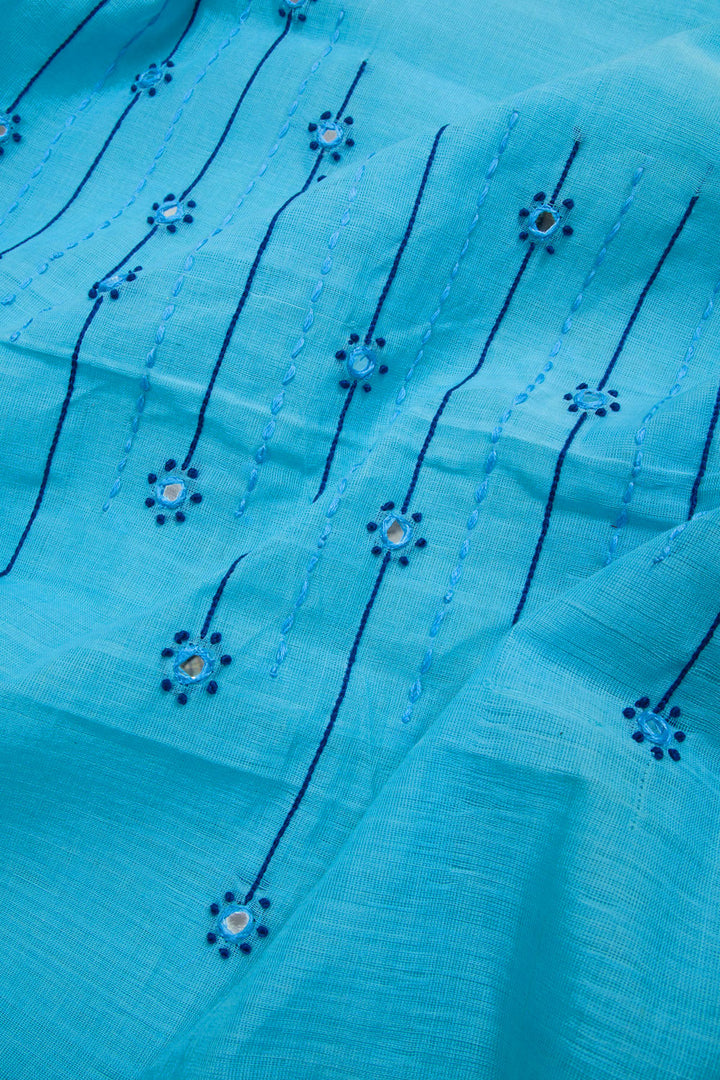 Fountain Blue Aari Embroidered Mangalgiri Cotton Blouse Material 10062429