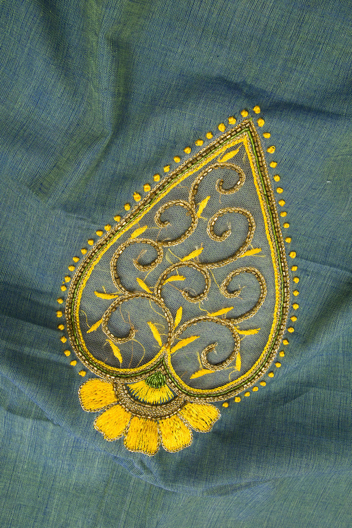 Greyish Blue Aari Embroidered Mangalgiri Cotton Blouse Material 10062440