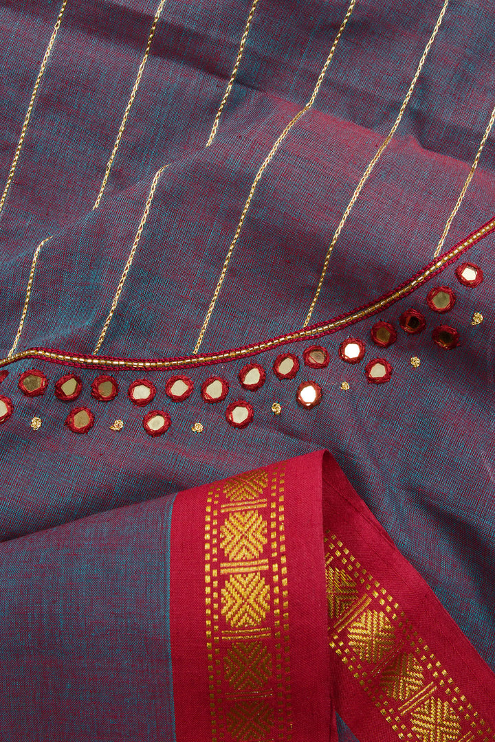 Purplish Grey Aari Embroidered Mangalgiri Cotton Blouse Material 10062444